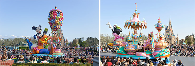 東京ディズニーランドの新しいデイパレード「ハピネス・イズ・ヒア」の大きなミッキーとミニーが出てくるフロート