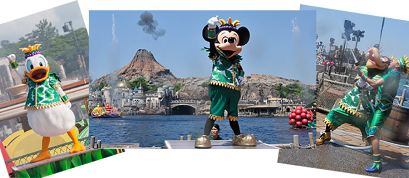 東京ディズニーシー「ミニーのトロピカルスプラッシュ」のドナルドとミッキーマウスとグーフィー