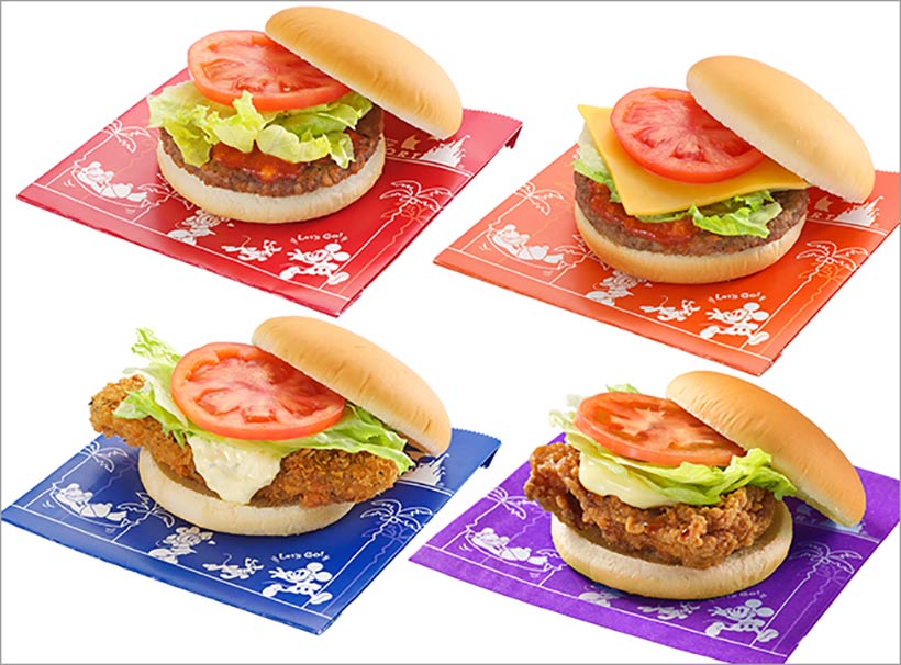 4種類のハンバーガーと4色のパッケージの画像