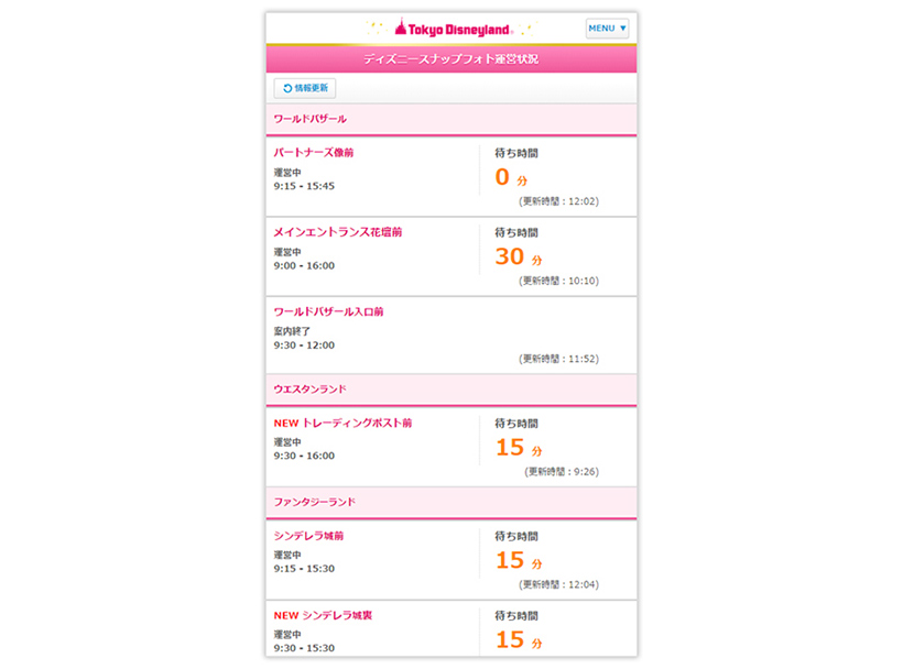 アトラクション待ち時間などのモバイル上のイメージ画像