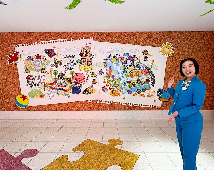 コルクボードに貼られた大きな絵の画像