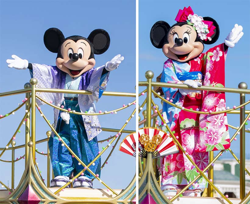 東京ディズニーランドに登場する和服姿の ミッキーマウスとミニーマウスの画像