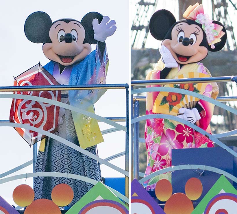 東京ディズニーシーに登場する和服姿のミッキーマウスとミニーマウスの画像